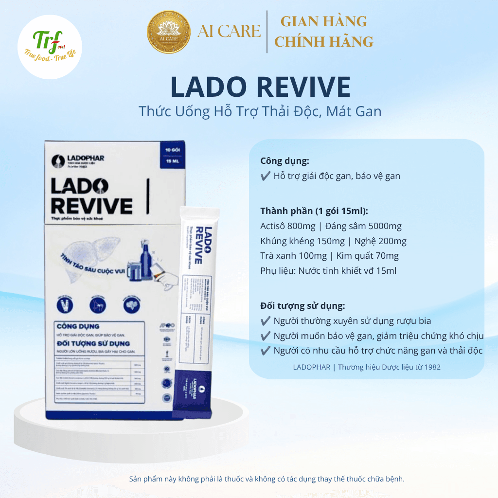 Nước giải rượu Lado Revive, hỗ trợ thải độc, làm mát gan, hỗ trợ đào thải